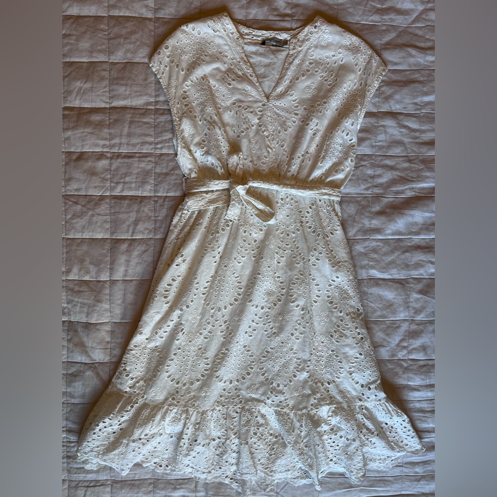 Lungo L'Aarno White Eyelet Embroidered V Neck Midi Sun Dress Cottagecore - Small